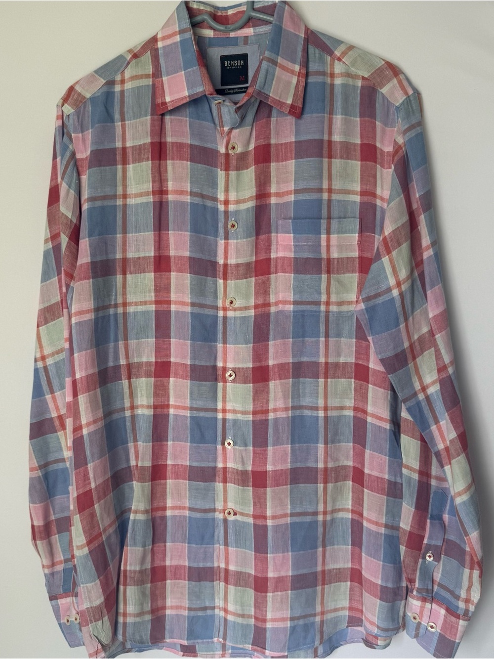 Benson 100% Linen Casual Plaid Button-Down Shirt - Pink Blue Mint Medium Tall